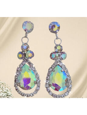 Aurora Borealis Drop Earrings Silver Tone 1.75” Dangle Statement Lightweight NEW